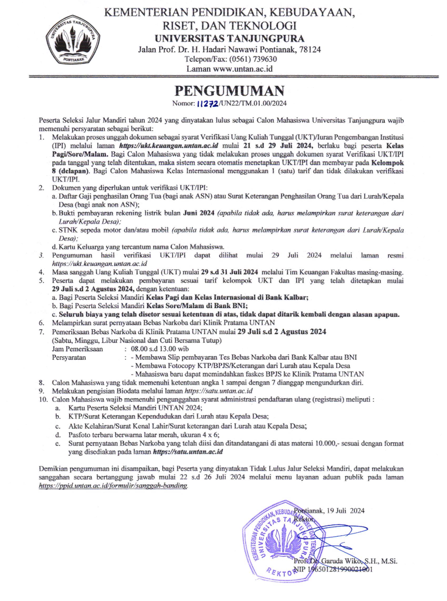 Pengumuman mandiri untan 2024