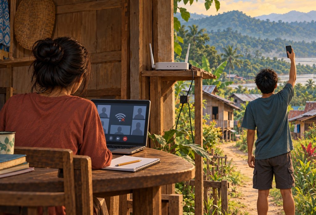 Ilustrasi keterbatasan akses internet di Desa Mondi, Kecamatan Sekadau Hulu, Kabupaten Sekadau, Kalimantan Barat. Jaringan seluler yang belum menjangkau seluruh wilayah membuat warga bergantung pada Wi-Fi untuk mengakses informasi dan berkomunikasi.
