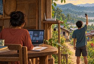 Ilustrasi keterbatasan akses internet di Desa Mondi, Kecamatan Sekadau Hulu, Kabupaten Sekadau, Kalimantan Barat. Jaringan seluler yang belum menjangkau seluruh wilayah membuat warga bergantung pada Wi-Fi untuk mengakses informasi dan berkomunikasi.